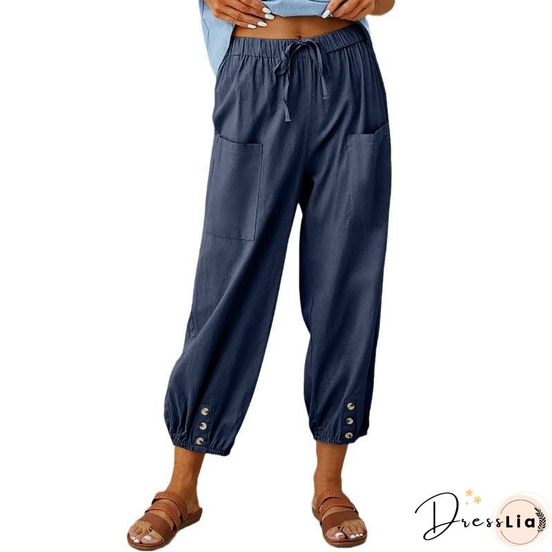 Women's High Waist Button Cotton Linen Trousers Pants