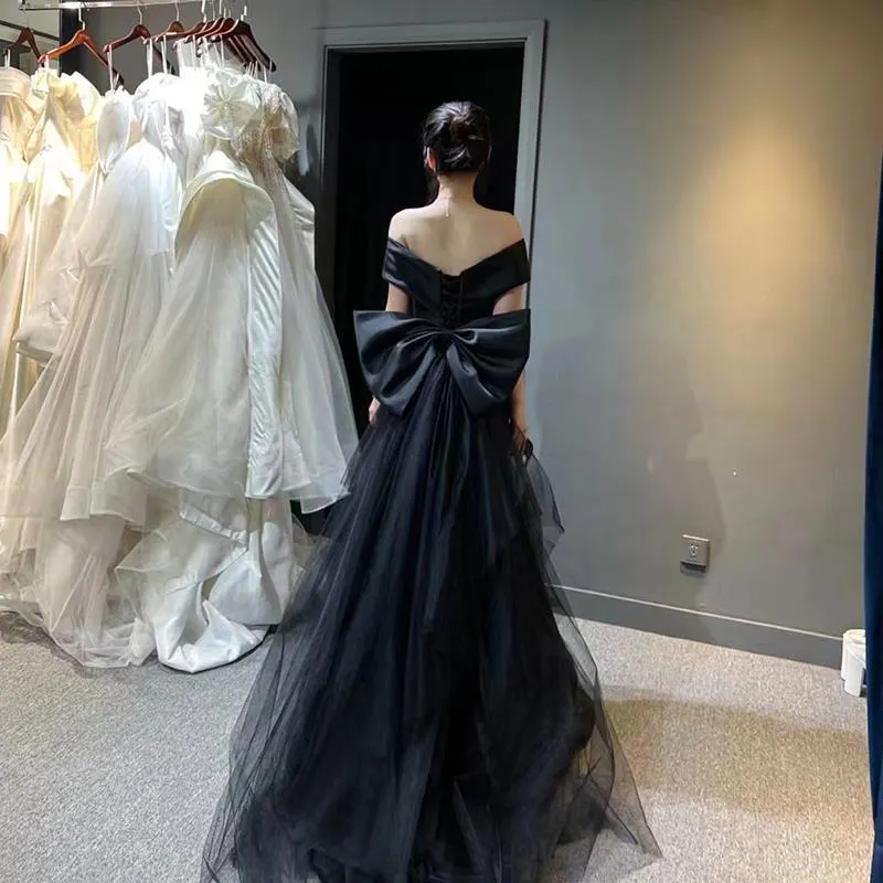 Brownm Black Evening Dress Women's 2025 New Word-Shoulder High-End Dinner Light Luxury Small Fishtail Dress High Sense