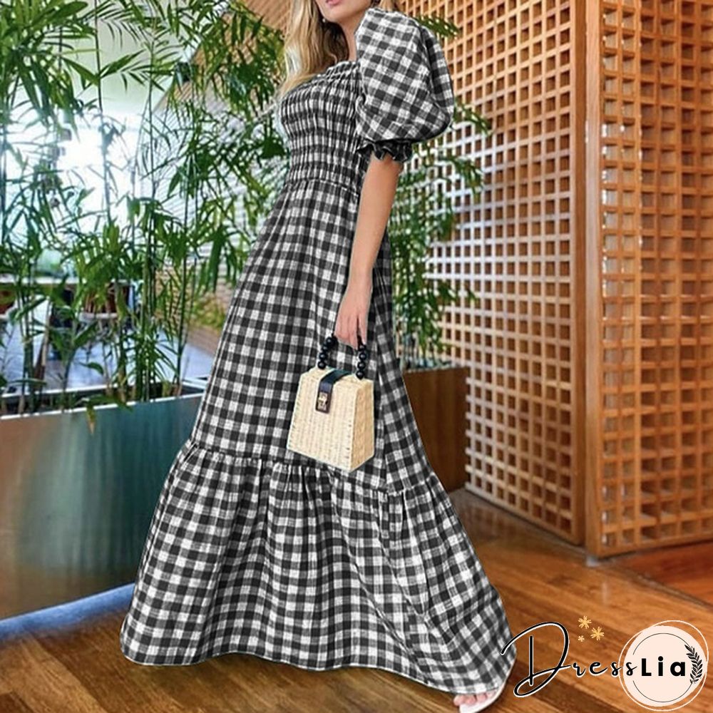 Women Puff Sleeve Square Neck Vintage Checked Plaid Maxi Dress Holiday Party Prom Dresses Kleid Plus Size