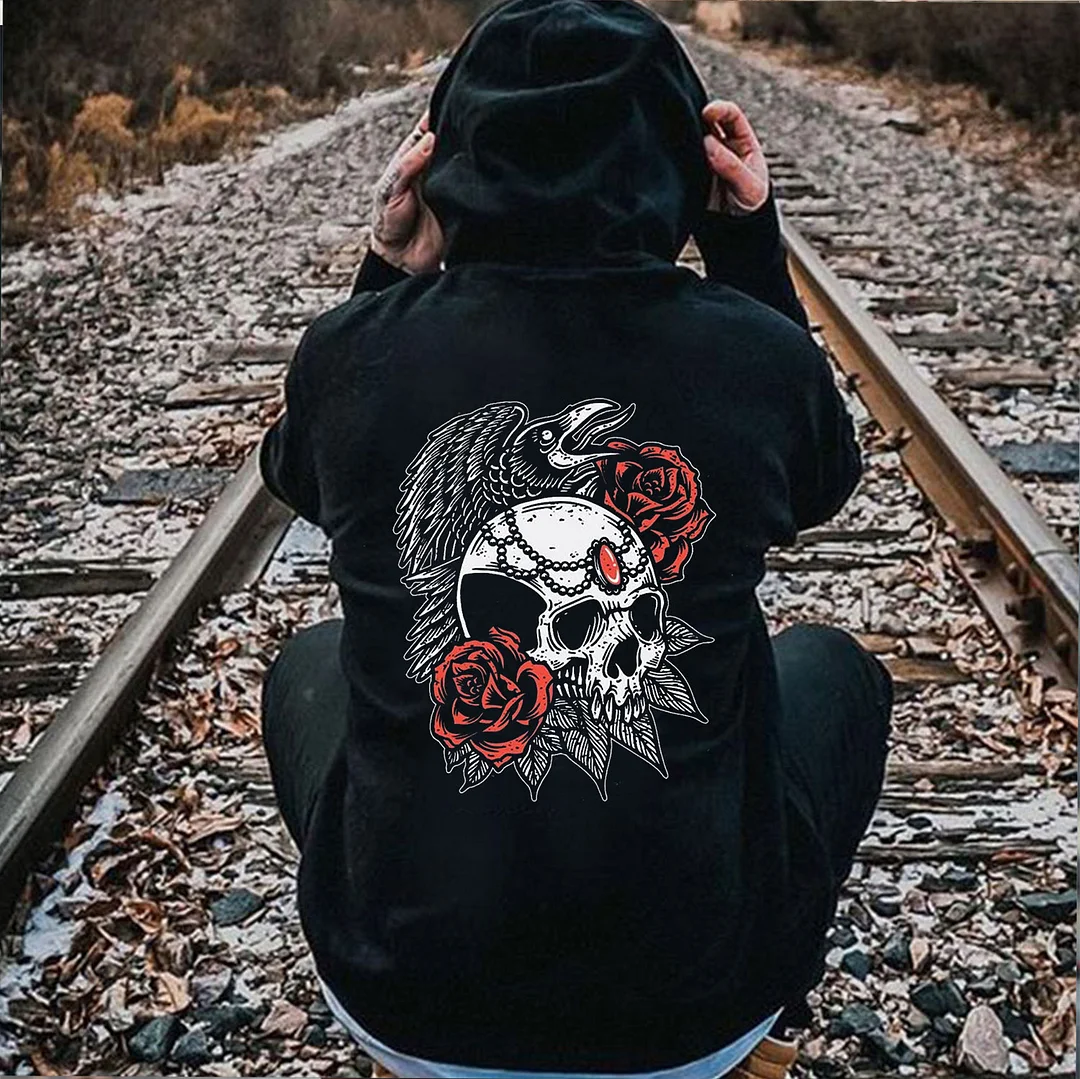 Skull with Roses Eagle with Wings Graphic Casual  Black Print Hoodie