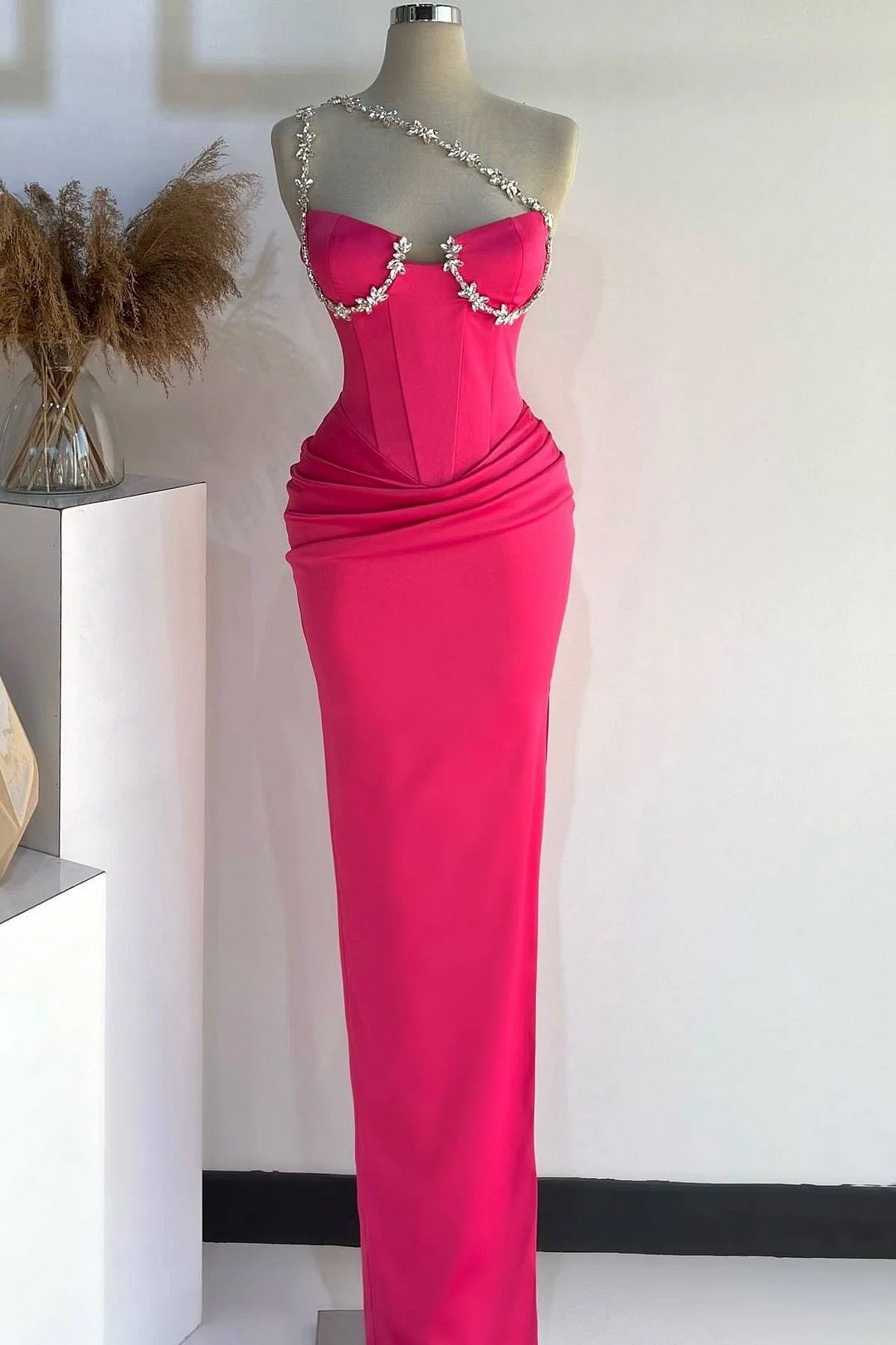 Daisda Pink Sleeveless Halter Straps Beads Mermaid Long Prom Dress 