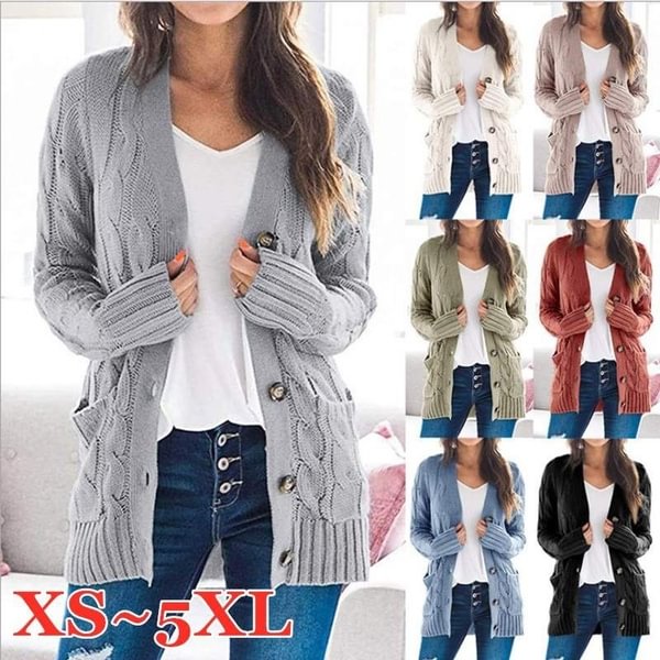 Women\u2019s Long Sleeve Open Front Knitted Cardigan Sweater Button Down Chunky Outwear Coat with Pockets Plus Size S-5XL - Shop Trendy Women's Fashion | TeeYours