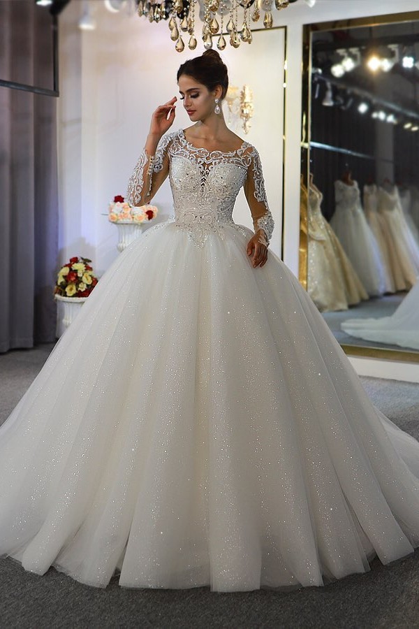 Bellasprom Brilliant Scoop Wedding Dress Lace Appliques Sequined Long Sleeves Bellasprom