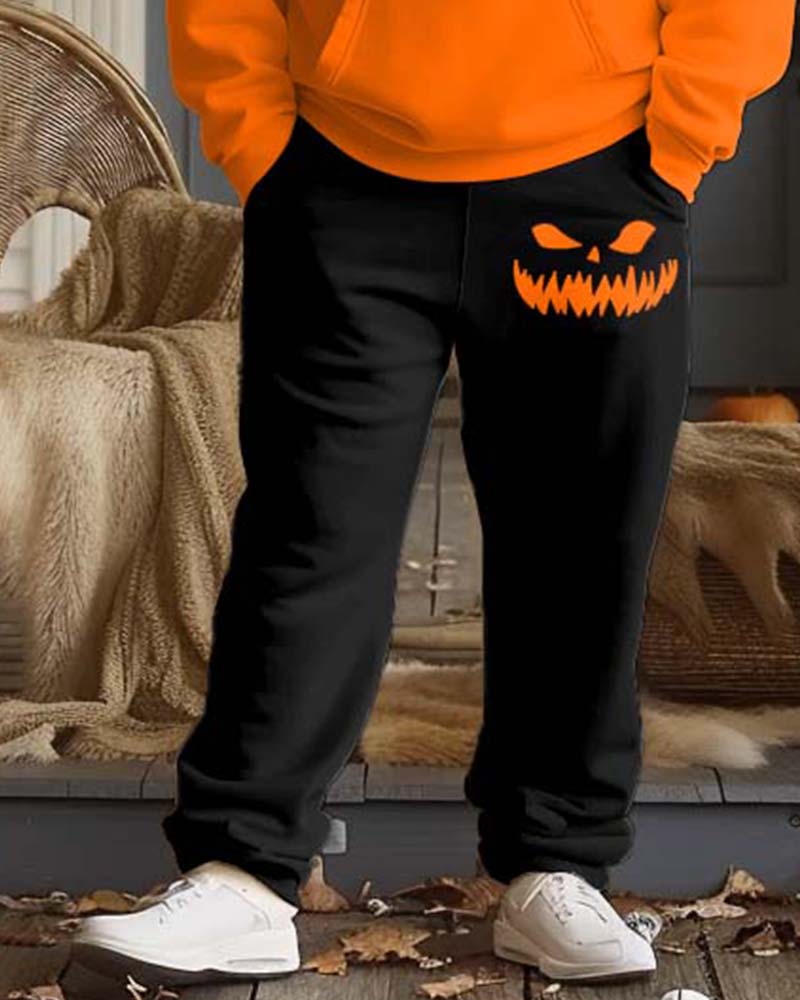 Menswear Halloween Simple Evil Smiley Graffiti Print Big and Tall Hoodie Set