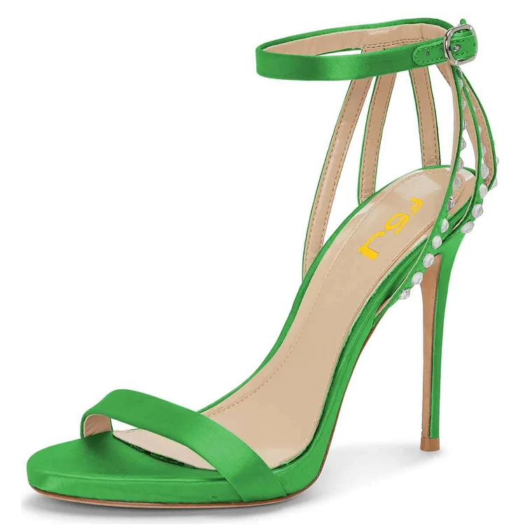 Green Open Toe Rhinestone Ankle Strap Stiletto Heels Sandals |FSJ Shoes