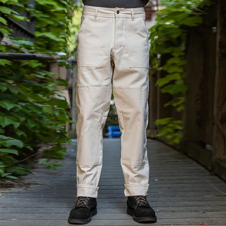 Retro Outdoor Beige Straight Slim Fit Patchwork Cotton Pants