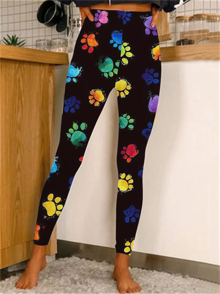 Lovely Multicolor Dog Paws Print Casual Leggings