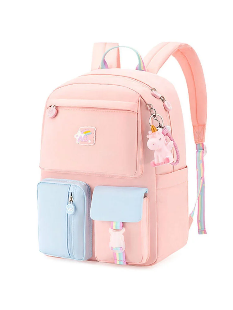 Girl Cute Backpacks Hit Color Middle School Student Rucksack (Pink + Blue)