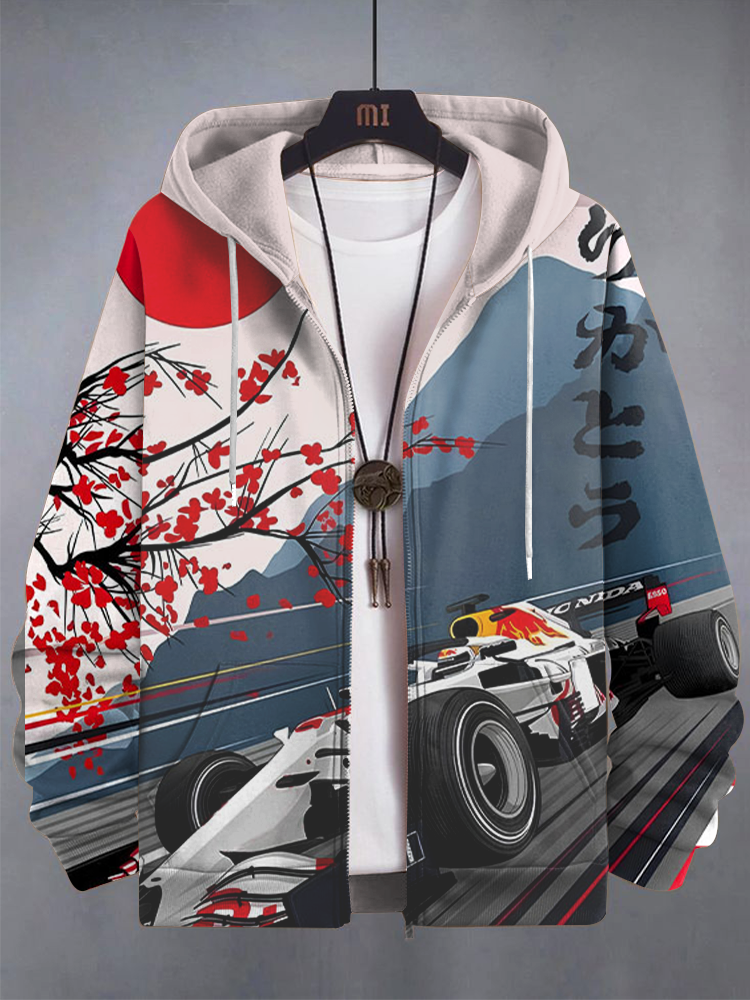Men's Retro Formula Car Japanese Floral Print Hooded Zip Up Jacket
