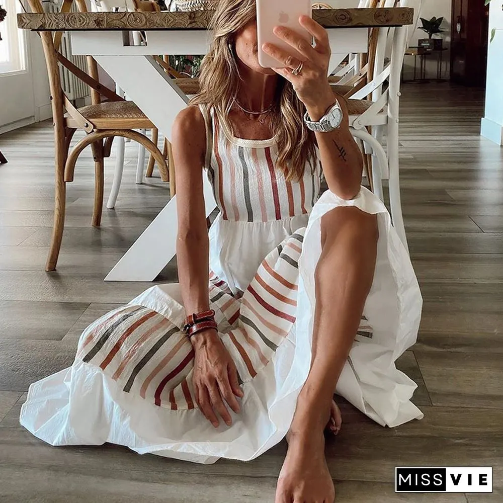 Contrasting Color Sleeveless Dress With Long Swing White Dresses