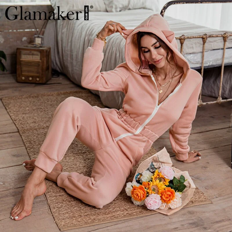 Glamaker Pink casual long sleeve long jumpsuits & rompers Women zipper fitness winter hood jumpsuit Autumn outfits 2020new