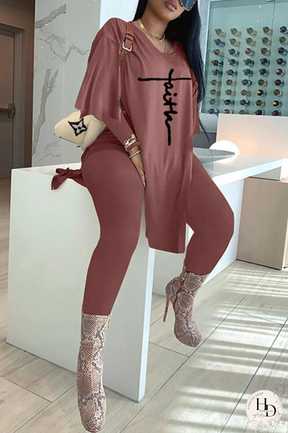 Brown Fashion Casual Embroidery Slit V Neck Long Sleeve Two Pieces