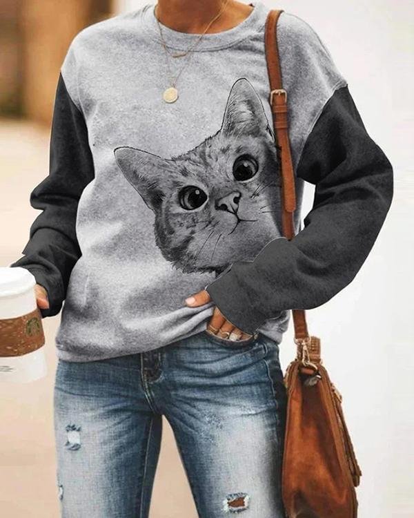Women Cat Print Holiday Sweatshirt