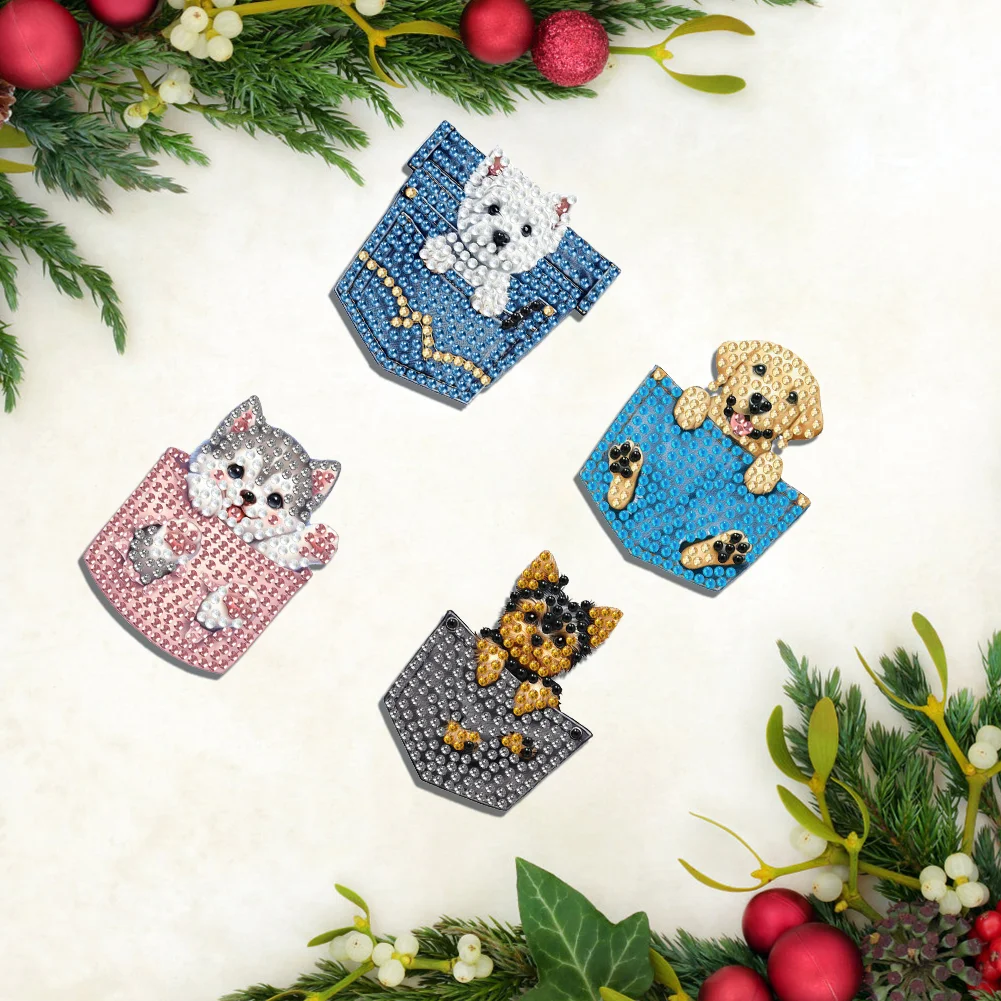 4Pcs DIY Pocket Dog Diamond Painting Brooch DIY Diamond Badge Pins for Art Crafts