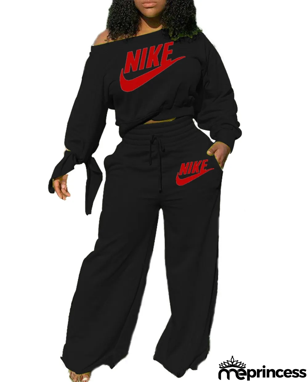 Autumn Casual Logo Print Crop Top and Loose Trousers Set