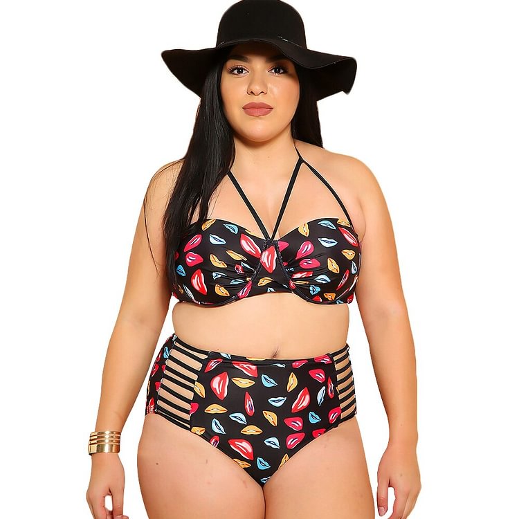 Sale Women Plus Size Swimsuit Lips Print Bikini High Waisted Bikini Set Push-up Bathing Suit Swimwear Tankini Bathing Suit D30 - BlackFridayBuys