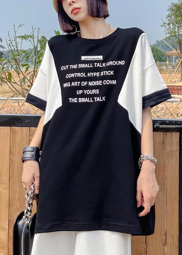 Women Black Graphic Patchwork Loose Blouse Tops Summer