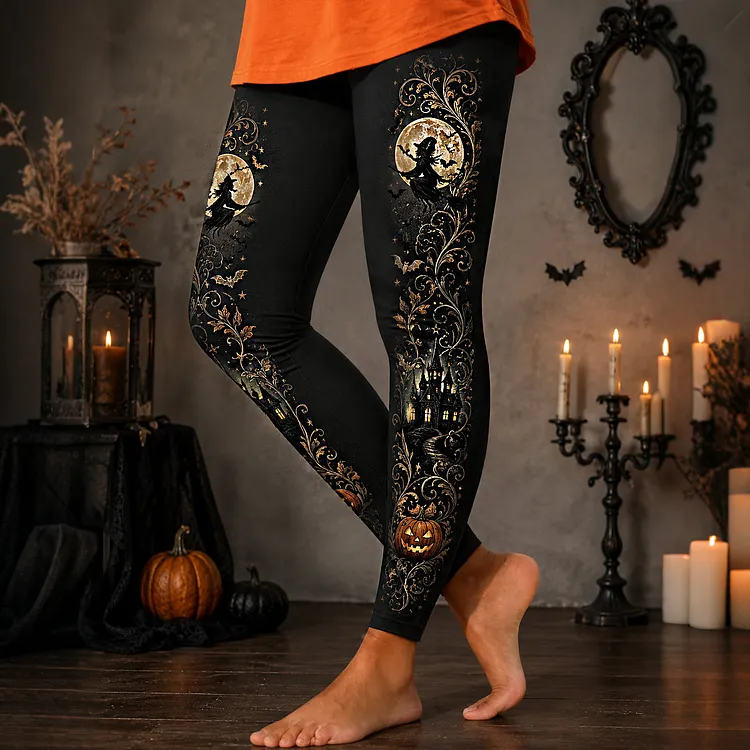 Women's Halloween Retro Casual Witch Pumpkin Castle Print Pants