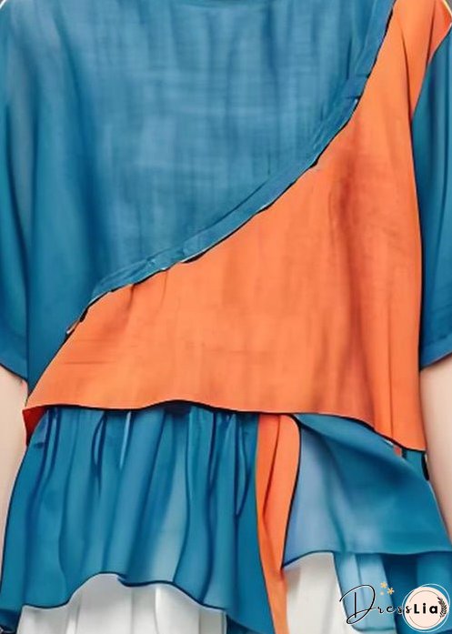 Loose Blue O Neck Asymmetrical Patchwork Cotton Top Summer
