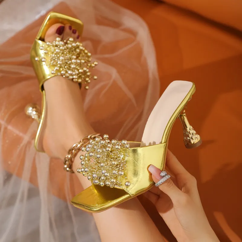 Yyvonne New Sexy Bow Glass And Electroplating Side Head High-Heeled Sandals