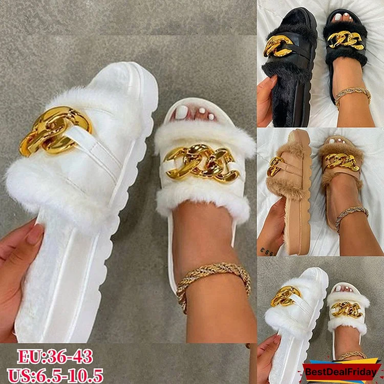 BestDealFriday Plus Size Ladies Girls Plush Slides Fashion Slip On Open Toe Sandals Comfortable Flat Fluffy Slippers Furry Shoes