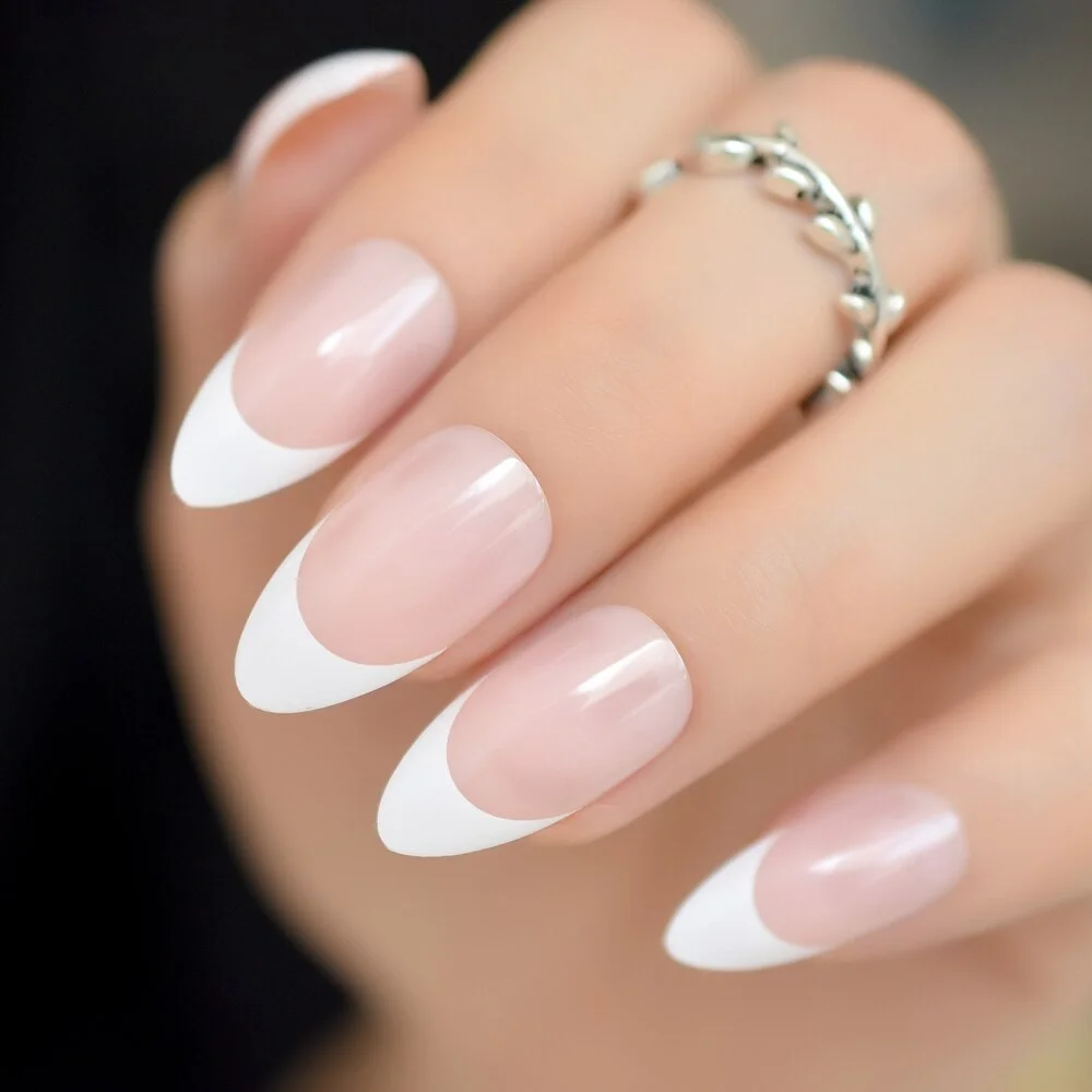 Nude Pink French Nail Round Shape White Tip Gel Fantasy Smaile Line Press On Nails Short Size Manicure Tips 24-Nail Inspo