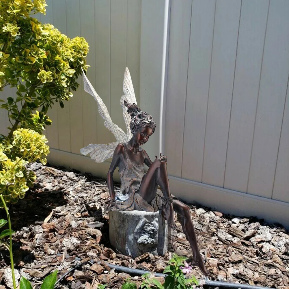 Flower Fairy Sculpture Yard Landscaping Resin Turek Sitting Statue (Black)