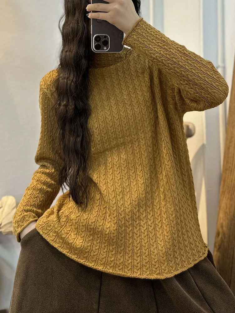 Women Casual Stripe 3D Knitted Solid Turtleneck Sweater