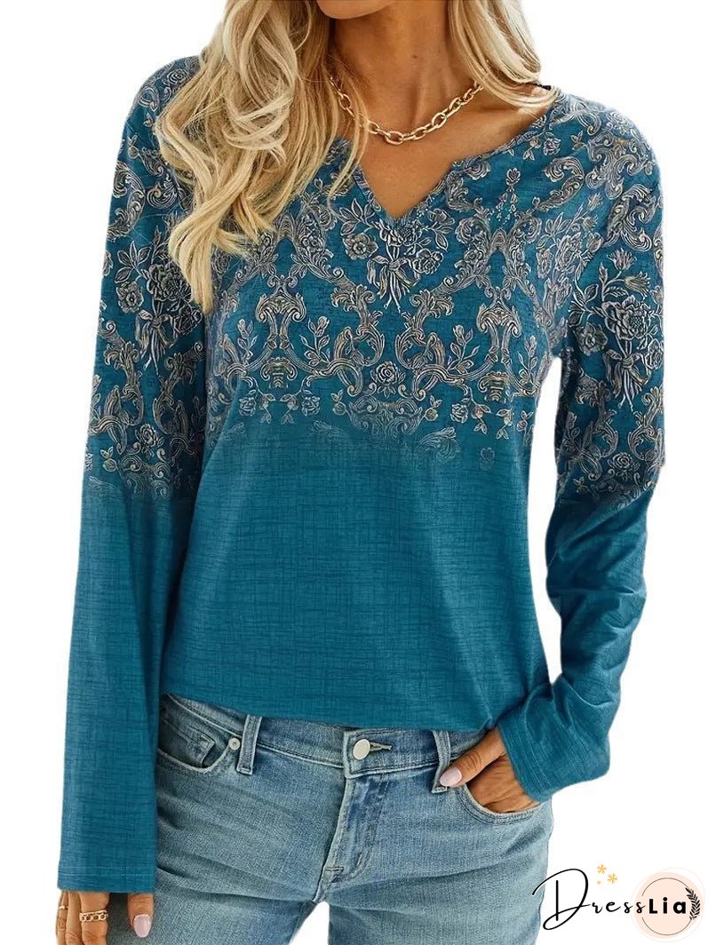 New Fashion Casual V-neck Ethnic Style Long Sleeve T-shirt