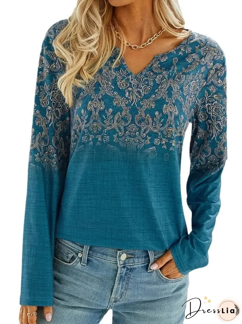 New Fashion Casual V-neck Ethnic Style Long Sleeve T-shirt