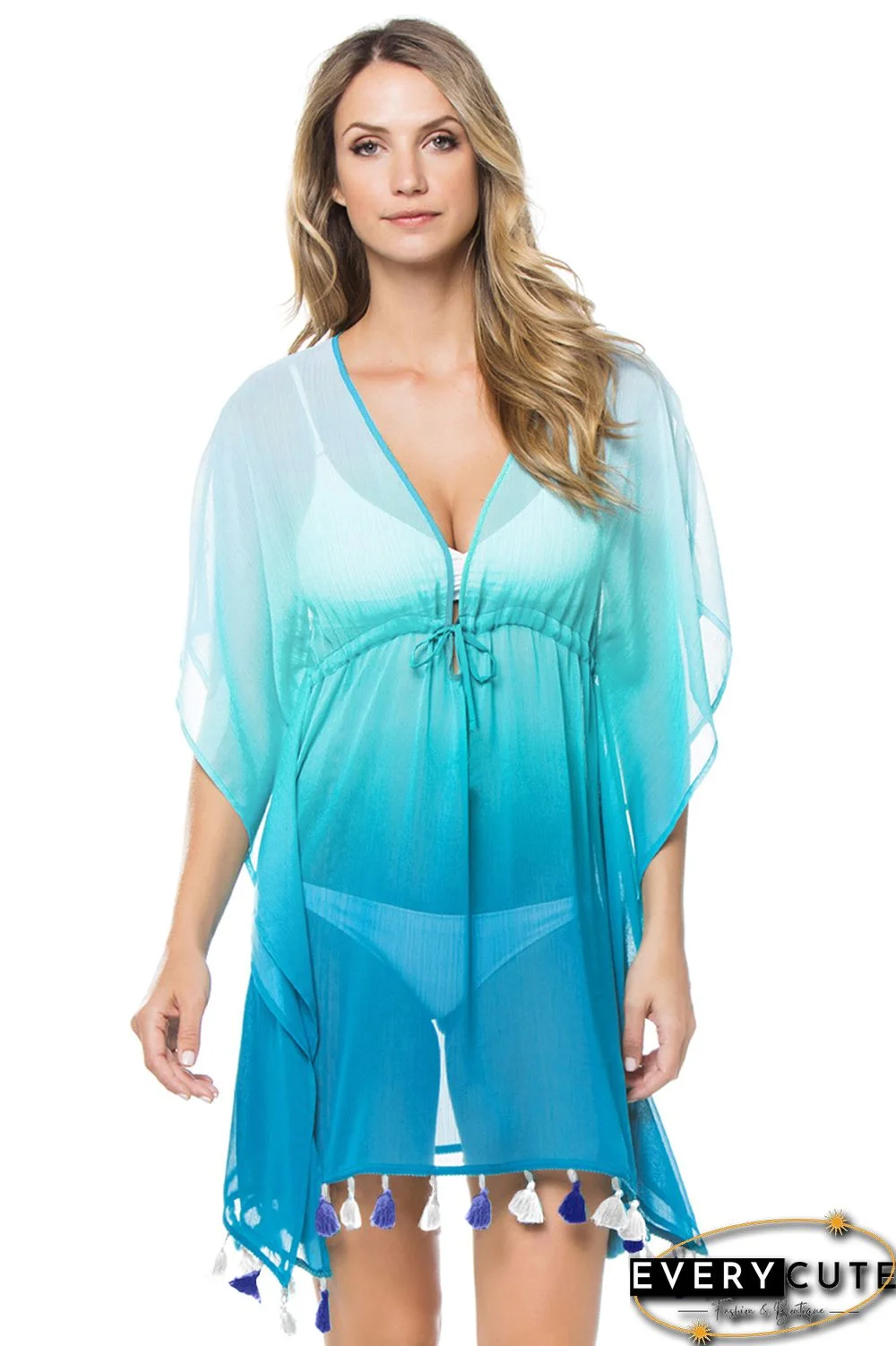 Sky Blue Ombre Sheer Tassel Trim Tunic