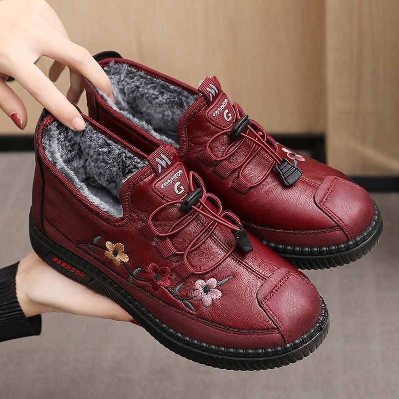 Leather Fur Moccasins Women Loafers for Elderly Females Soft Warm
