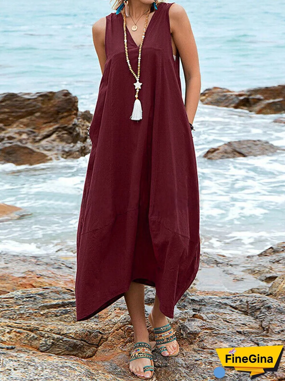 Summer Women Fashion Loose Backless Chic Lace-Up Dress Casual Solid Sleeveless V-Neck Long Dress Simple Linen Big Hem Dress