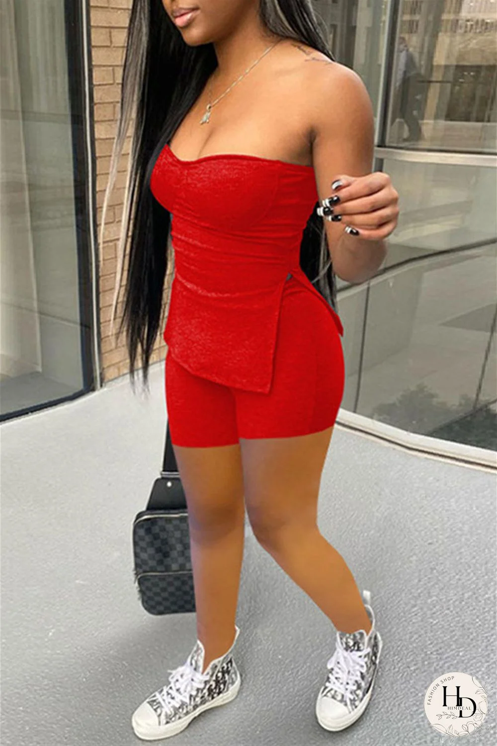 Coral Powder Sexy Casual Solid Backless Slit Strapless Sleeveless Two Pieces