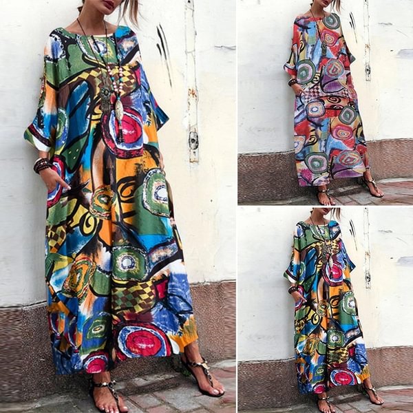 ZANZEA New Fashion Women Round Neck Bat Sleeve Floral Printed Loose Mid-calf Dress - Life is Beautiful for You - SheChoic