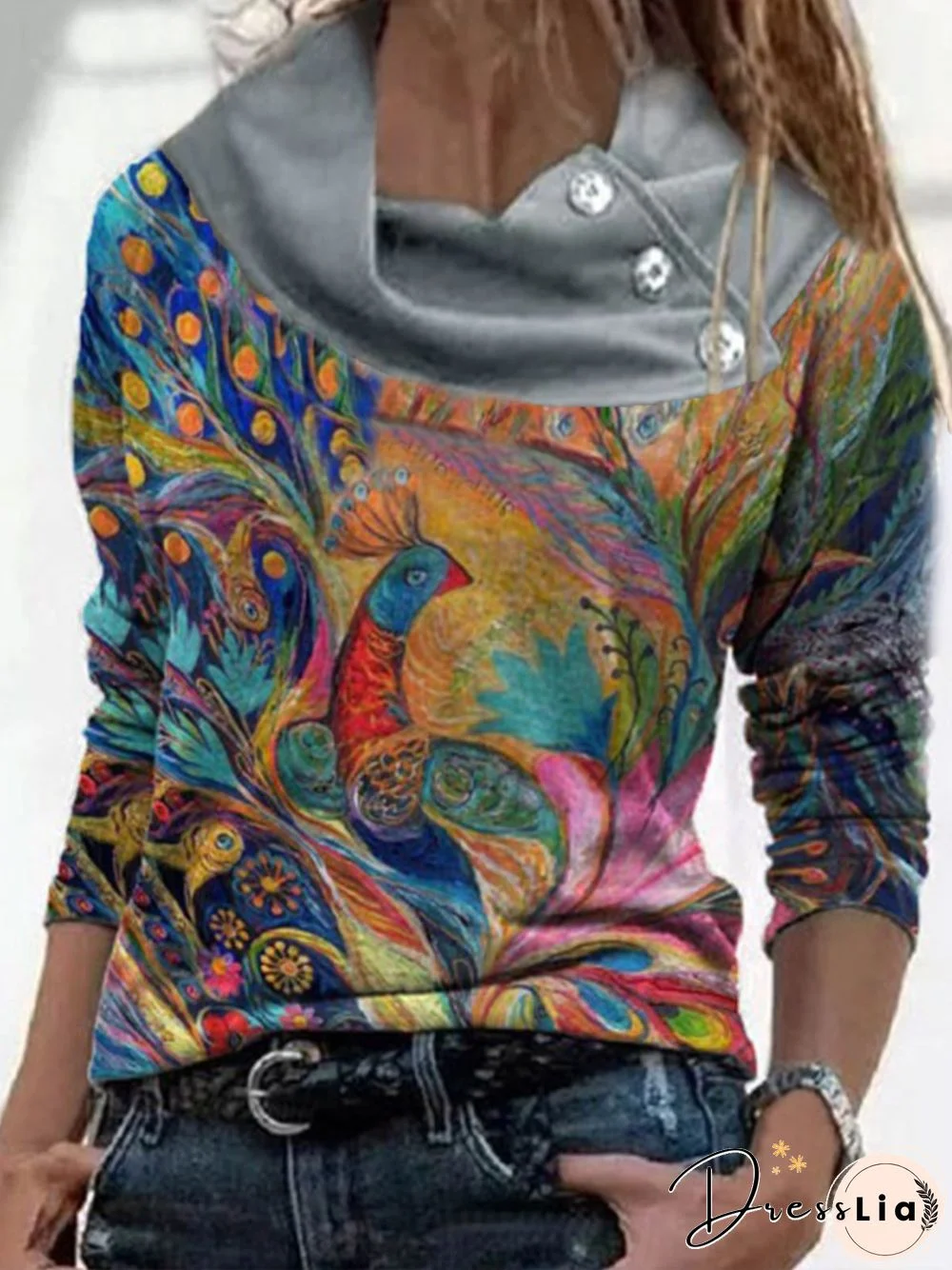 Vintage Multicolor Peacock Printed Long Sleeve Cowl Neck Plus Size Casual Tops