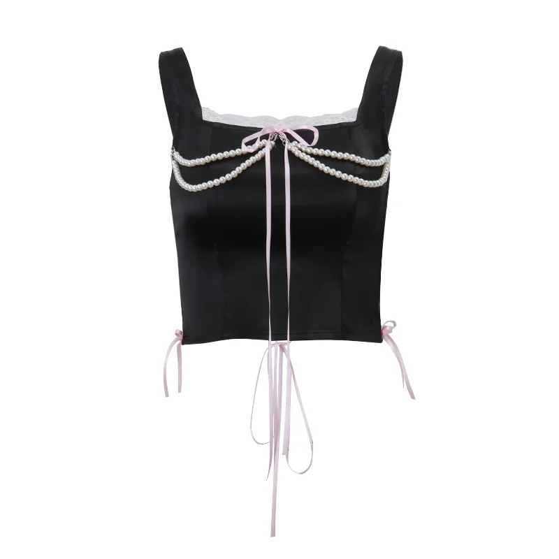 Uveng Uveng Women's Wear Spring 2024 New French Pearl Chain Bow Spell Lace Sling Pure Desire Vest