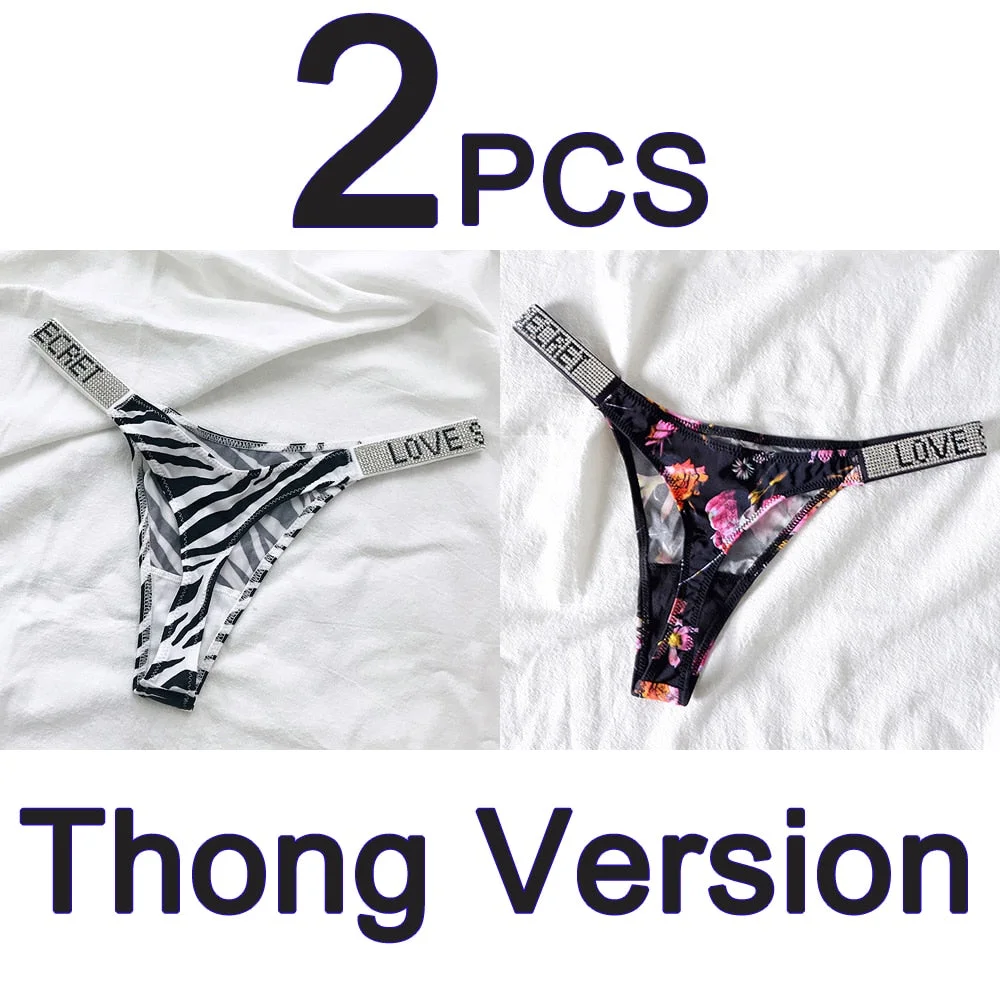 2PCS Sexy Low Waist Panties G String Comfort Satin Underwear Women Rhinestone High Fork Thong Seamless Intimates Lingerie Cotton