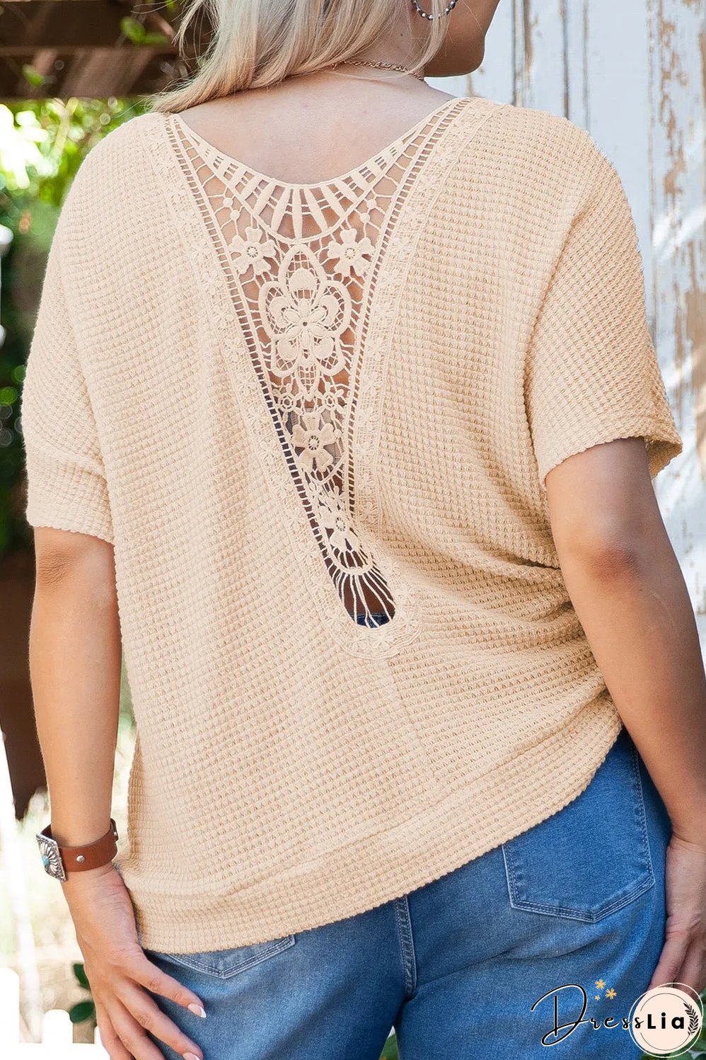Beige Guipure Lace Insert Textured Plus Size Tee