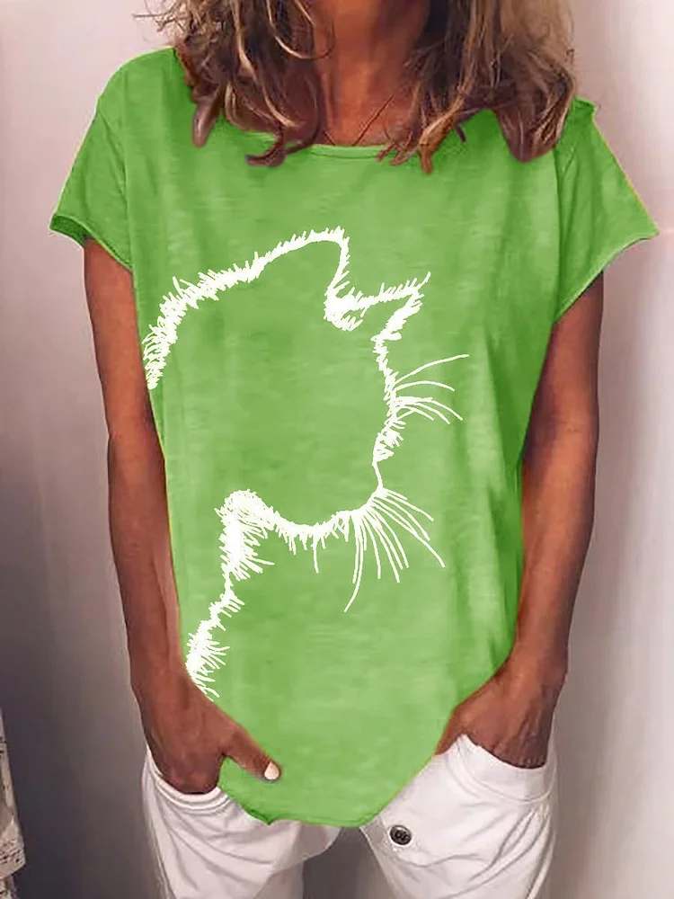 Cat head print casual loose round neck short sleeve T-shirt