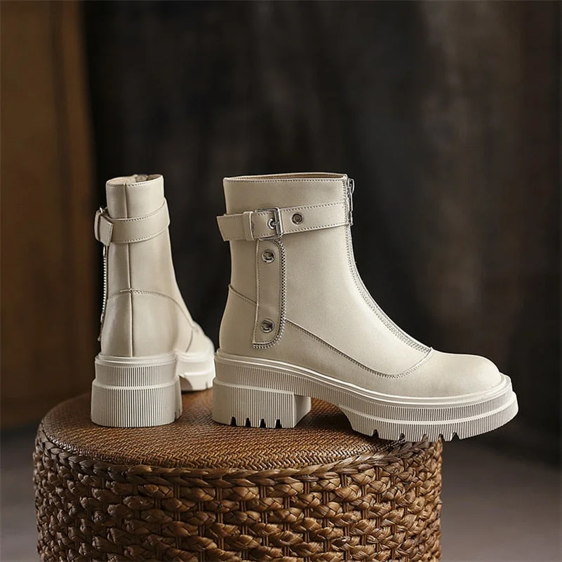 Meotina Genuine Leather Ankle Boots Women Shoes Platform Thick Heel Round Toe Boots High Heel Zipper Ladies Boots Autumn White