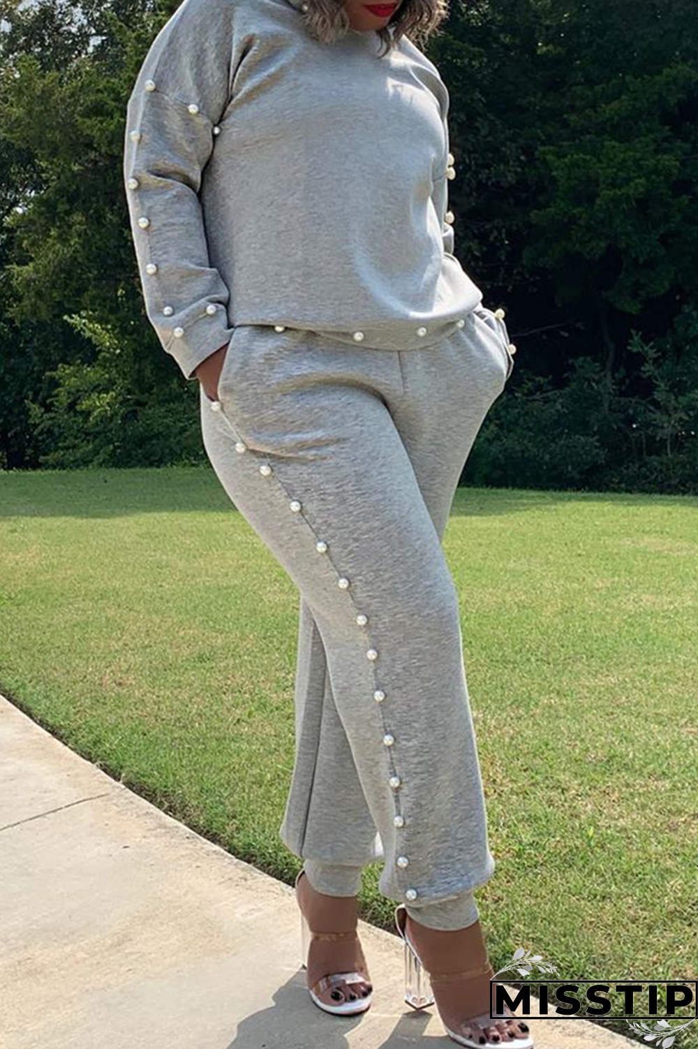 Grey Casual Solid Pearl Hooded Collar Long Sleeve Two Pieces