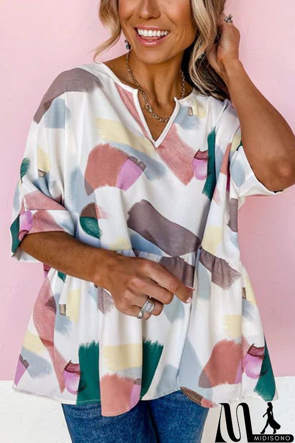 MidiSono - Print Cuffed Sleeves Peplum Blouse