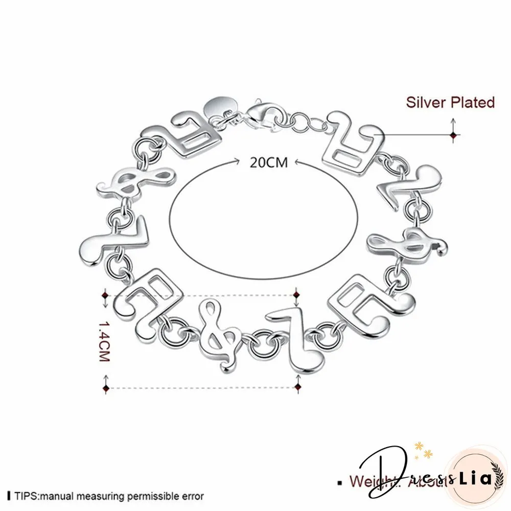 New Women 925 Sterling Silver Plated Charm Cute Music Note Chain Bracelet Bangle