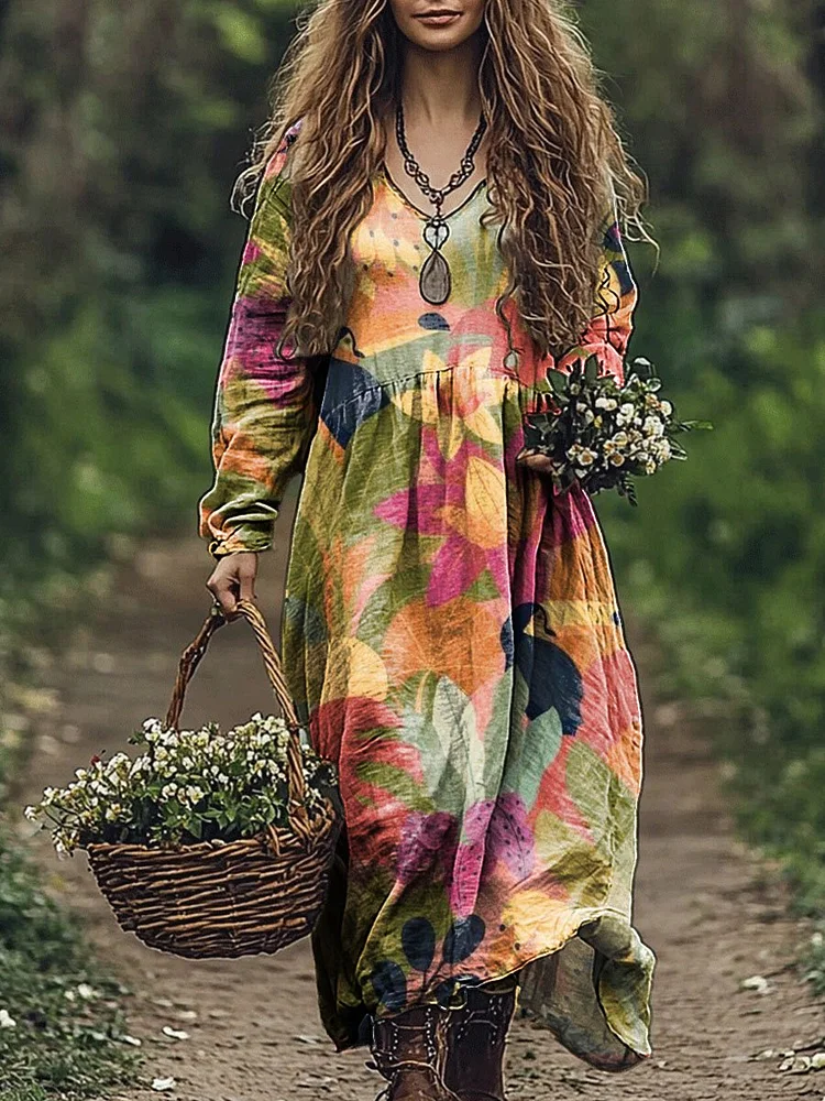 Women's Vintage Floral Art Print Pocket Cotton V Neck Long Sleeve Dress