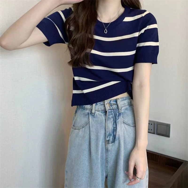 Uveng Uveng Striped Short-Sleeved Knitted Shirt 2024 Summer New Design Sense Small Loose Short Top In Tide