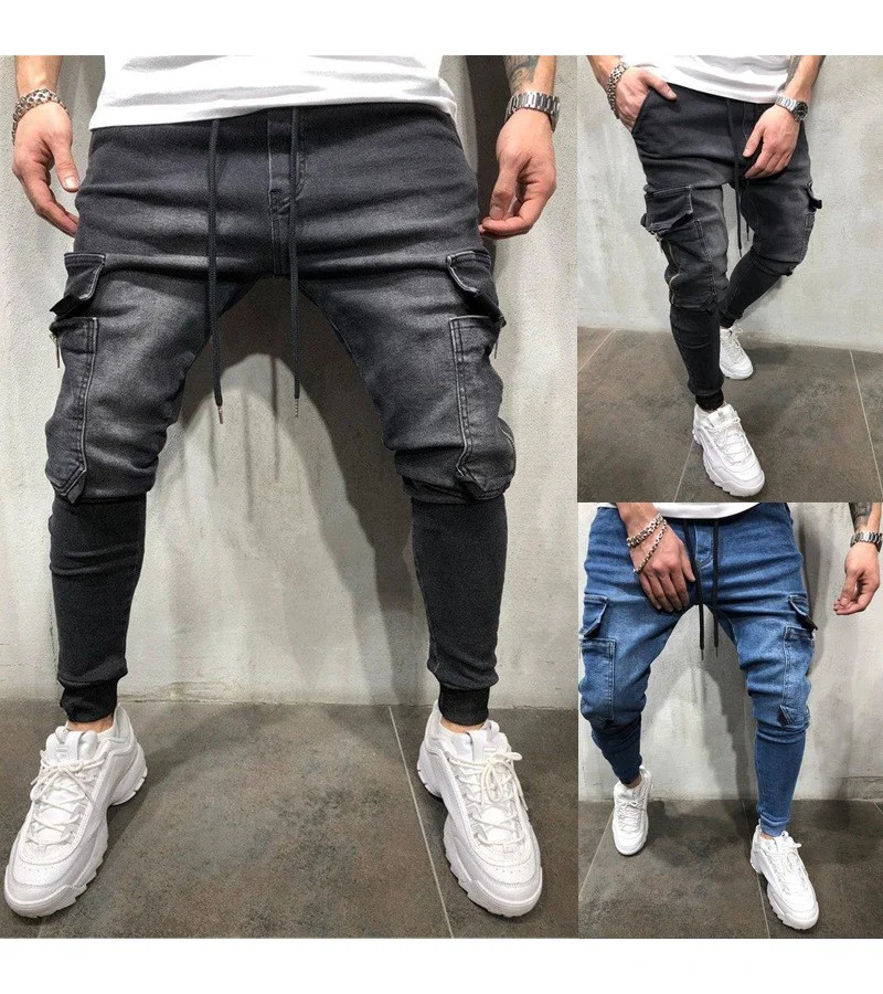 Men Side Pocket Decor Lace-up Casual Skinny Jeans S-2XL