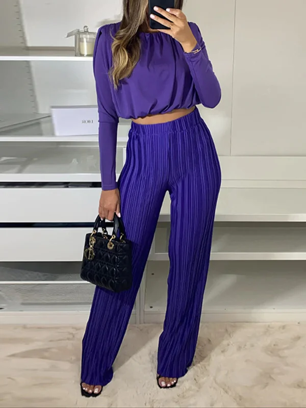 Solid Color Long Sleeves Elasticity Pleated Round-Neck Shirts Top + High Waisted Pants Bottom Two Pieces Set