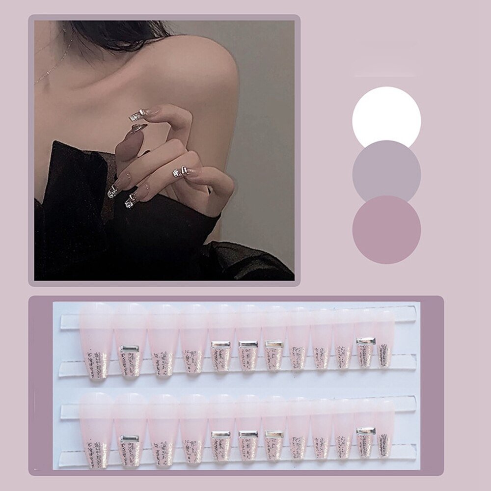 24pcs Detachable Glazed silver Gradient with design Fake Nails Press On Nails Ballerina False Nails Full Cover Nail Tips