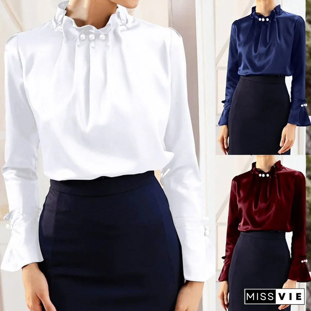 Women Flare Long Sleeved Silk Blouse Blusas Satin Beading Office Casual Shirt Elegant Ladies Tops